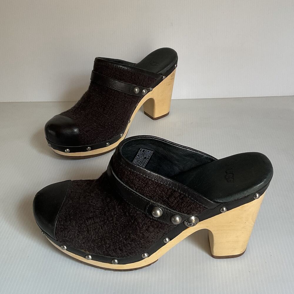 UGG  Black  Tweed Wooden Clog Mules Heels Women’s Size 9